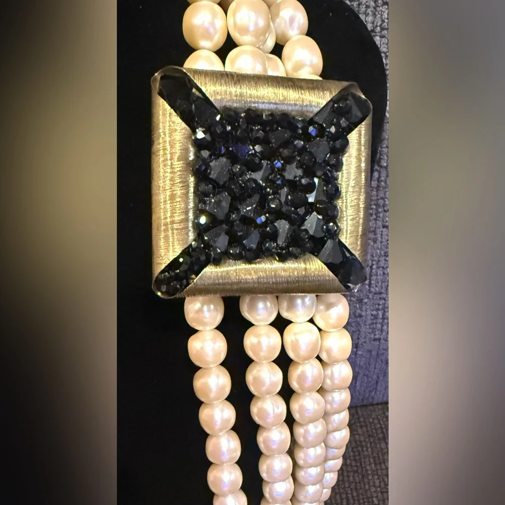 Vintage Four Strands Cream Faux Pearl Necklace W/ Black Beaded Pendant